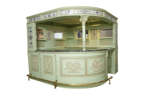 LIGHT GREEN AND GOLD PUB BAR WITH STAINED GLASS