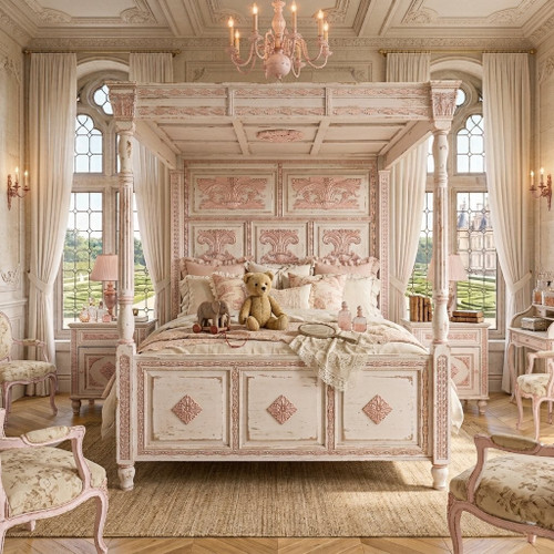 The Antoinette Canopy Bed: Distressed White & Rose Gold Shabby Chic Edition