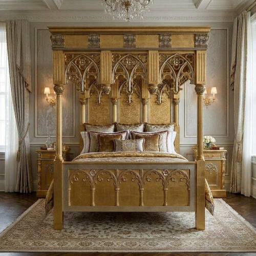 English Gothic Canopy Four Poster Bed (Antique Gold and Silver Leaf)