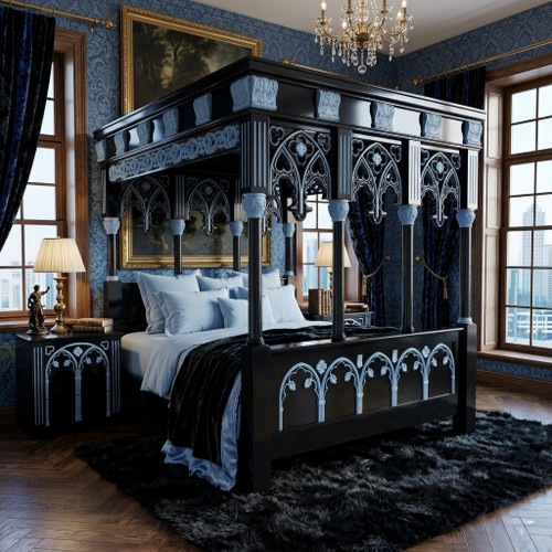 Bespoke English Gothic Four-Poster Bed – Gloss Black & Powder Blue