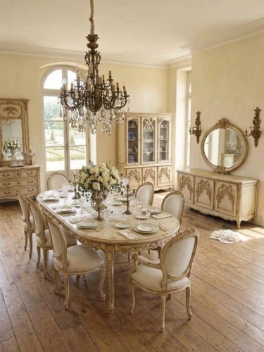 The Versailles Grand Estate OVAL DINING SET WITH A DISTRESSED CREAM PATINA FINISH