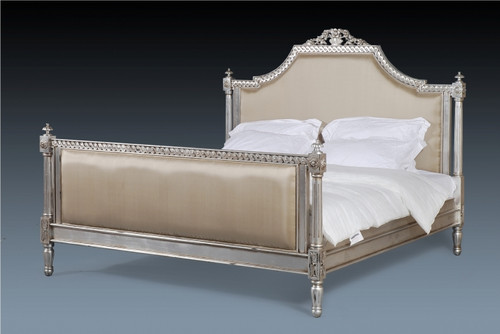 Rattan Bed French Country Style, Silver finish Upholstered