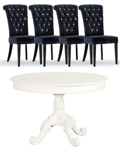 French Chateau white Round Dining Table and Velvet Chair Set