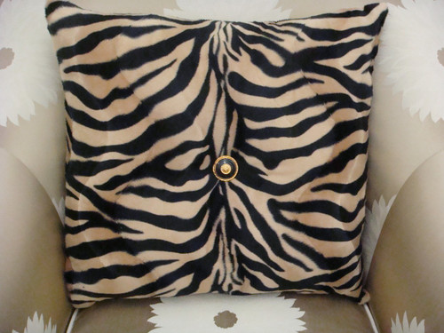 Zebra Print Bling Throw Pillow ....Color Beige/Black,Versace button detail