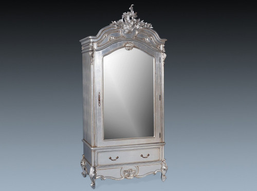French Style Carved Armoire, Single Door & Single Drawer, Silver Leaf