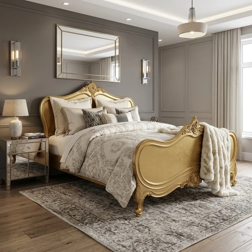 Provincial Luxury Carved Bed, Gold
