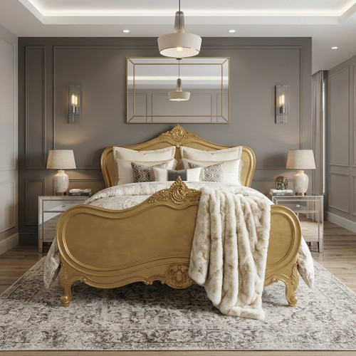 Provincial Luxury Carved Bed, Gold