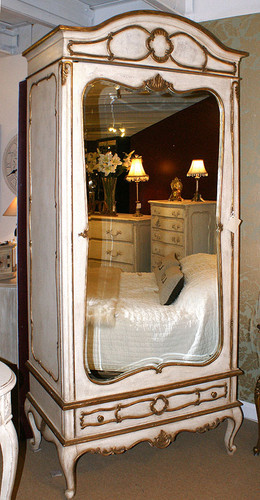 Marie Antoinette Mirrored Armoire, Antique White & Gold