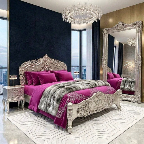 Rococo Carved Bed Set, Silver Leaf