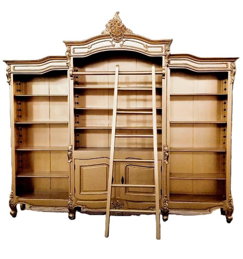 French Carved Bookcase Display with ladder, Gold