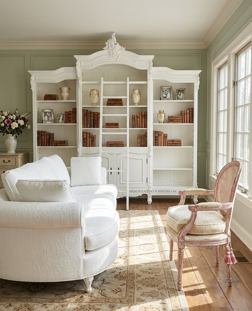 French Carved Bookcase Display with ladder, White