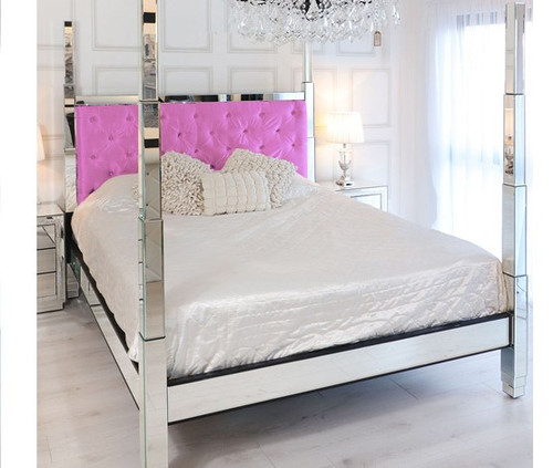 Glam Four Poster Mirrored Bed,  Fuschia Pink Velvet