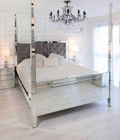 Glam Four Poster Mirrored Bed,  High Posts with 27" Footboard
