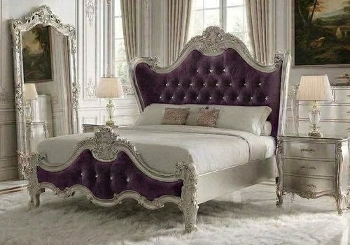 Royale Rococo Bedroom Set, Antique Silver And Purple Velvet 4 Pieces