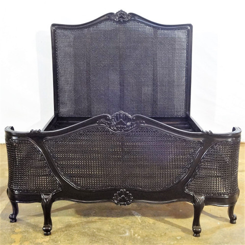 French Chateau Rattan Bed, Black Gloss