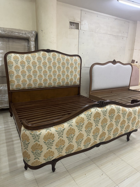 CUSTOM MADE LOUIS XV CORBEILLE BED WITH GOODFELLOWS PARISIAN VINE HAY FABRIC