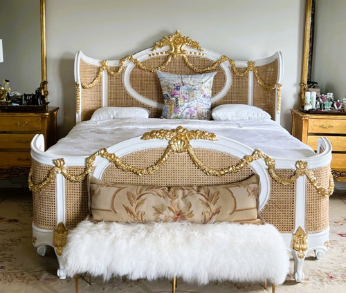 Louis XVI Swag Roses Rattan Bed Frame