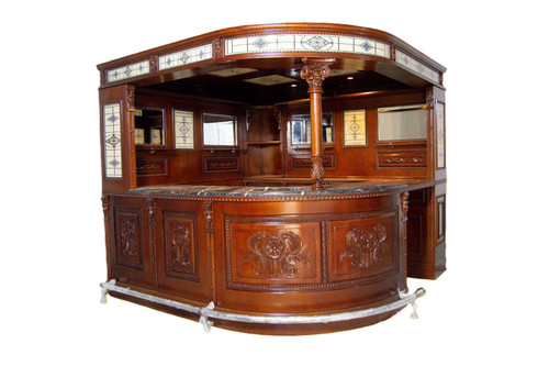 BROWN MAHOGANY PUB BAR WITH STAINED GLASS