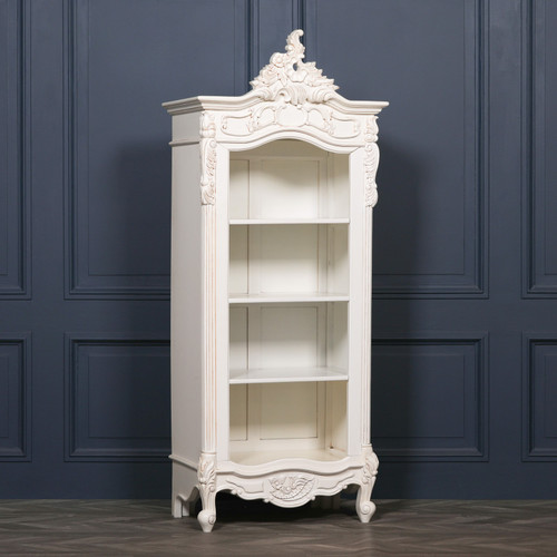 Charlotte French Antique White Rococo Carved Open Bookcase