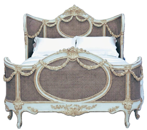 Louis XVI Swag Roses Rattan Bed Frame, Blue and Champagne