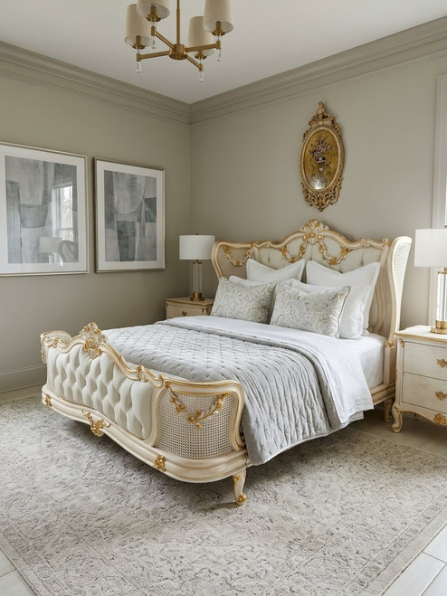 DAPHNE CLAIR LOUIS XV BED, RATTAN TUFTED WING BED GOLD AND IVORY