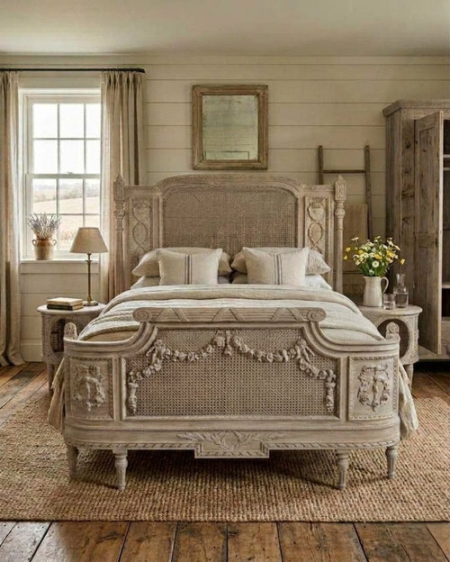 Bordeaux Louis XVI Rattan Bed – Hand-Carved Solid Beech Wood Frame