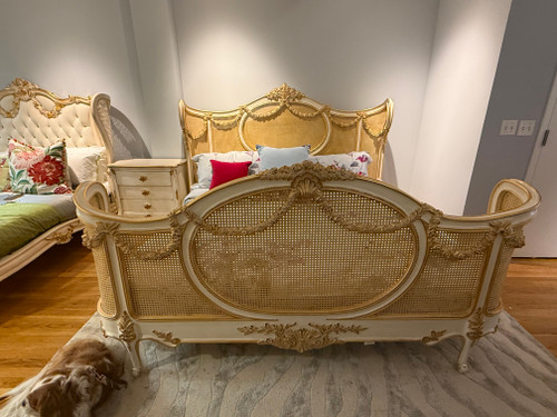 Louis XVI Swag Roses Rattan Bed Frame, White and Champagne