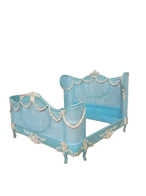 Louis XVI Swag Roses Rattan Bed Frame, Blue White