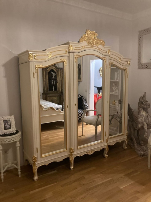 LYON BAROQUE LOUIS XV 3 DOOR ARMOIRE, CREAM AND GOLD