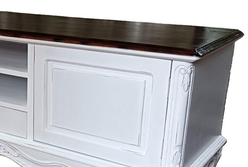 French Low Sideboard TV Unit White with Dark Wood top
