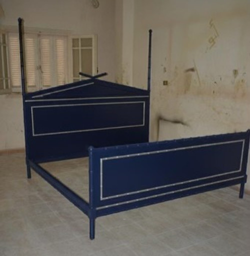 Bamboo Style Bed With 2 Posts Ink Blue and Gold