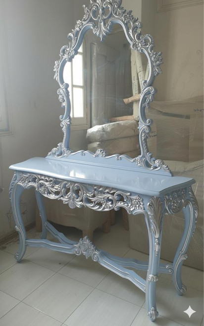 BLUE AND SILVER CONSOLE TABLE AND MIRROR FRENCH STYLE