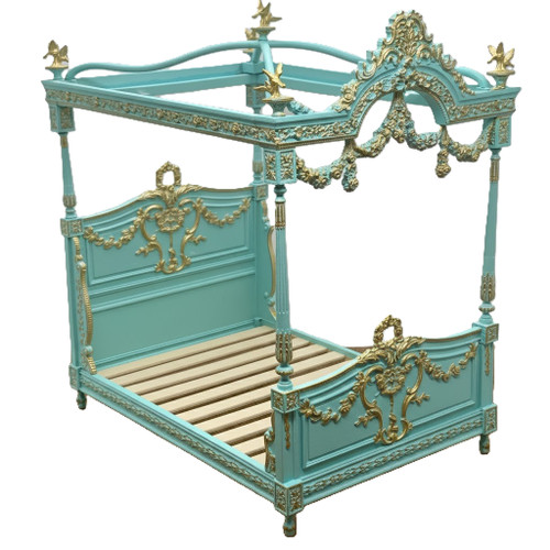 CHATEAU DE VERSAILLES ROYAL CANOPY BED AQUA MARINE AND GOLD