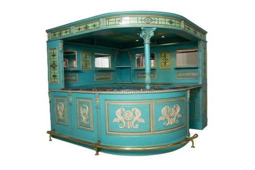 TURQUOISE AND GOLD PUB BAR WITH STAINED GLASS