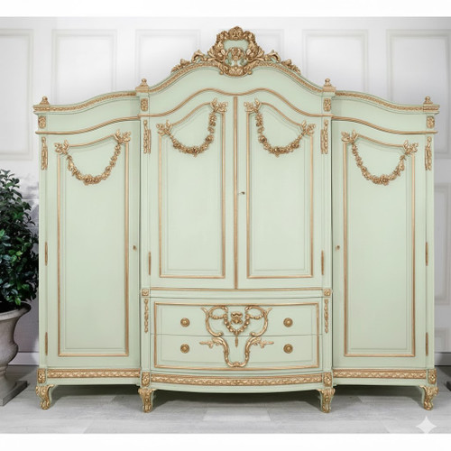 LIGHT GREEN AND GOLD  WIDE FRENCH ARMOIRE