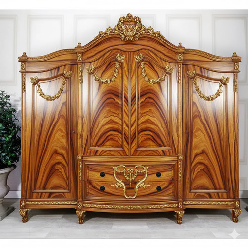 Tigerwood veneer and gold WIDE FRENCH ARMOIRE
