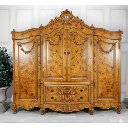 Thuya burl veneer and gold WIDE FRENCH ARMOIRE