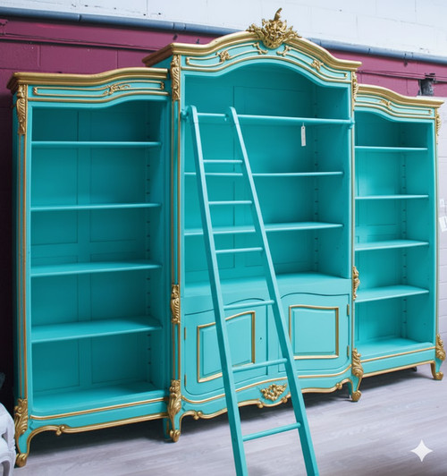 TURQUOISE AND GOLD FRENCH ARMOIRE WITH LADDER