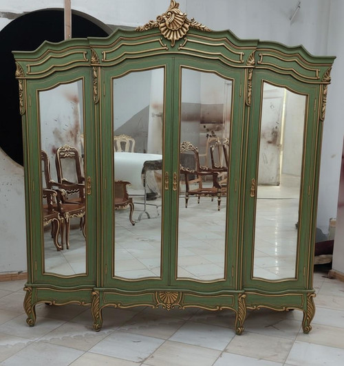 WIDE FRENCH ARMOIRE GREEN AND GOLD