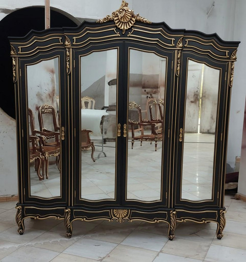 WIDE FRENCH ARMOIRE BLACK AND GOLD