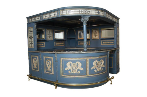 CADET BLUE AND GOLD PUB BAR WITH STAINED GLASS