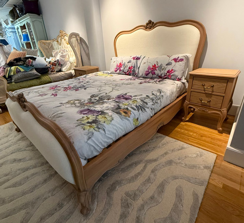 French Upholstered Rose Bedroom set, 3 Piece Light Walnut