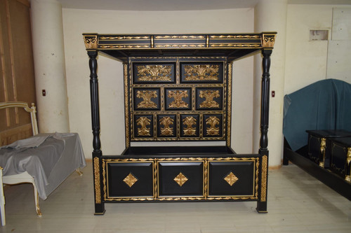 French Four Poster Canopy Bed, Black and Gold