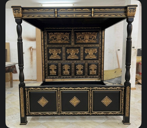 French Four Poster Canopy Bed, Black and Gold
