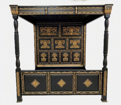 French Four Poster Canopy Bed, Black and Gold