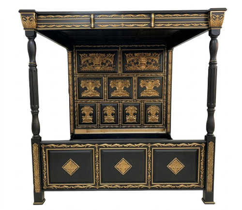 French Gothic Four Poster Canopy Bed – Black and Gold Leaf (King Size, Ready to Ship)