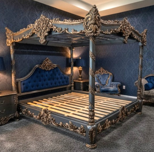 FRENCH CANOPY BED DARK GREY WITH ANTIQUE GOLD