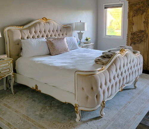 French Tufted Bed Set, Crackled White And Gold