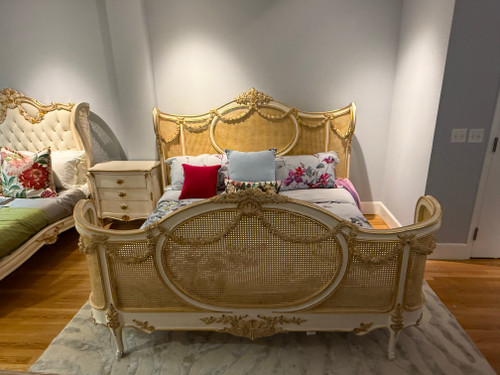 Louis XV Swag Roses Rattan Bedroom Set, White and Champagne
