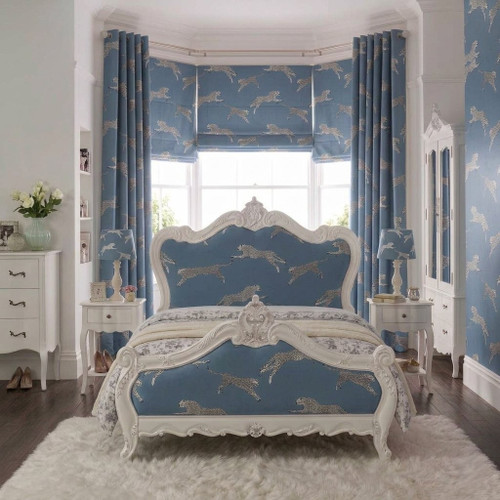 Provincial Carved Bed in Scalamandre Leaping Cheetah Fabric, Antique & Blue